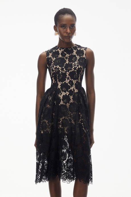 Aurohaya Katherine Black Sleeveless Floral Lace Midi Dress