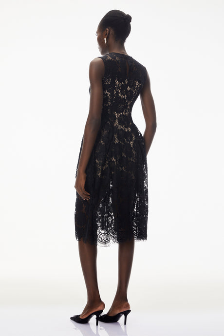 Aurohaya Katherine Black Sleeveless Floral Lace Midi Dress