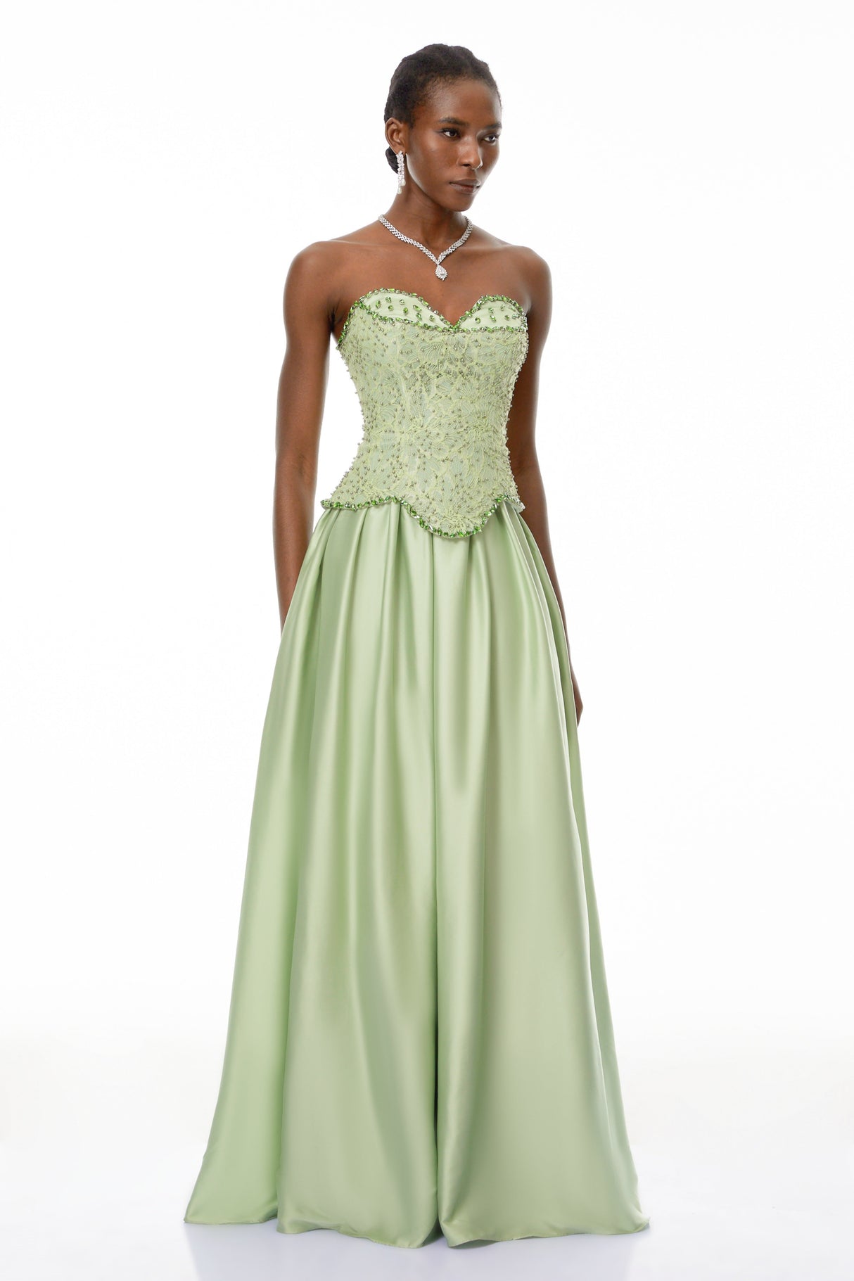 Aurohaya Kathrin Green Embellished Satin Panel Maxi Dress