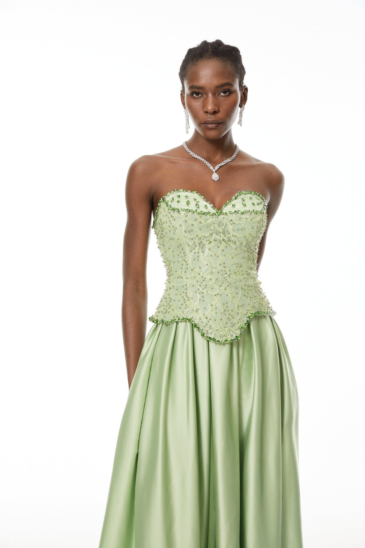 Aurohaya Kathrin Green Embellished Satin Panel Maxi Dress
