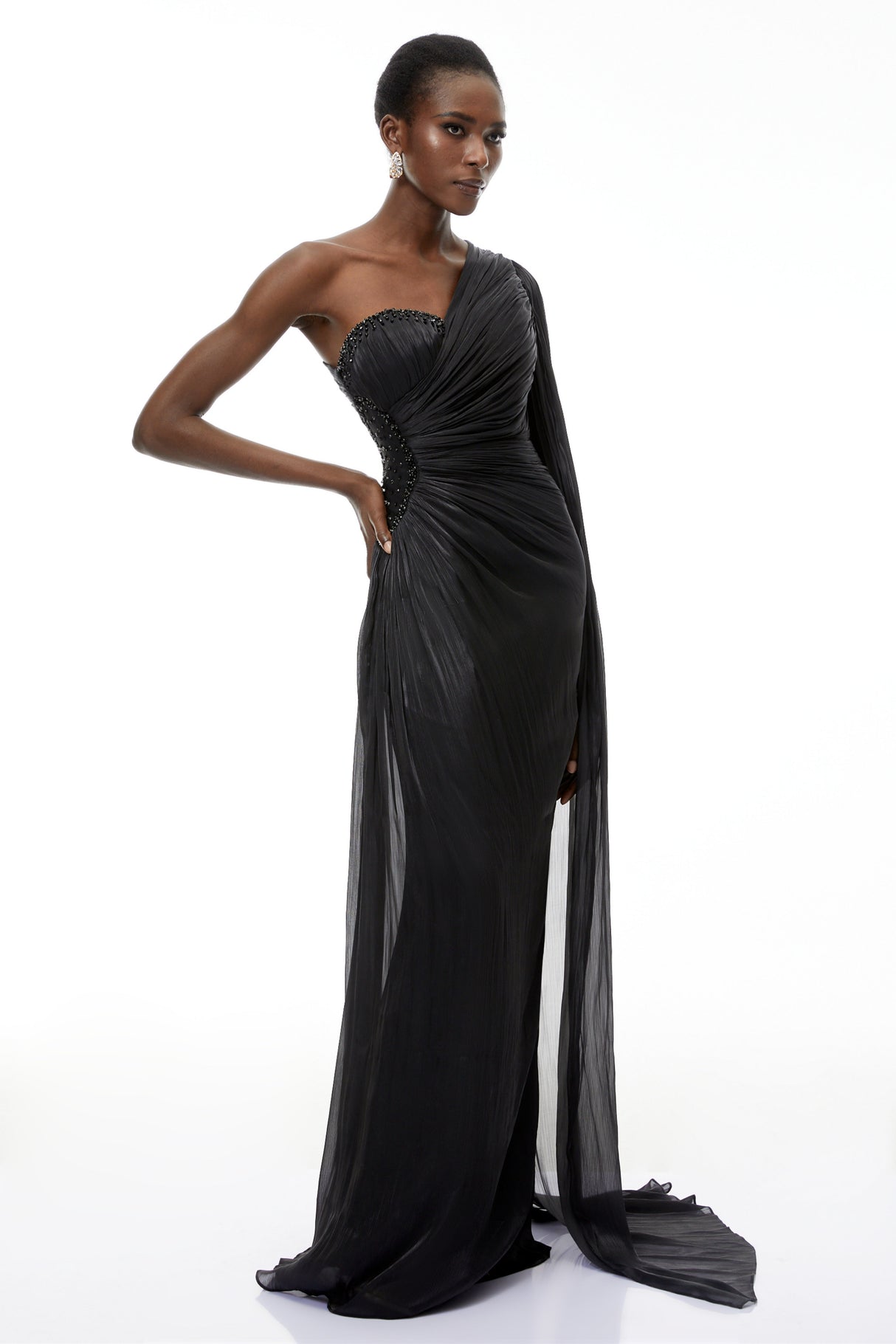 Aurohaya Katrin Black One Shoulder Ruched Maxi Dress