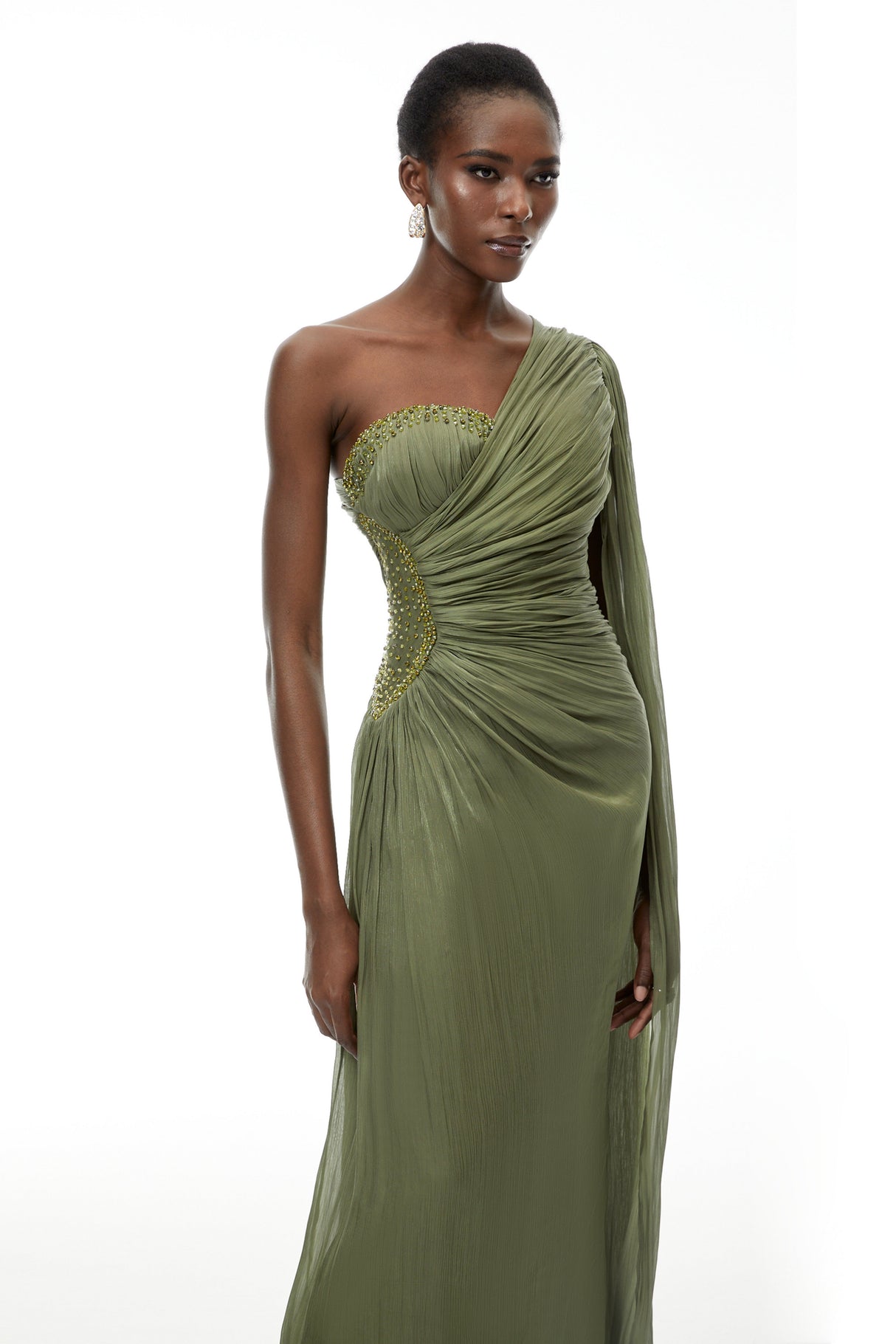 Aurohaya Katrin Green One Shoulder Ruched Maxi Dress
