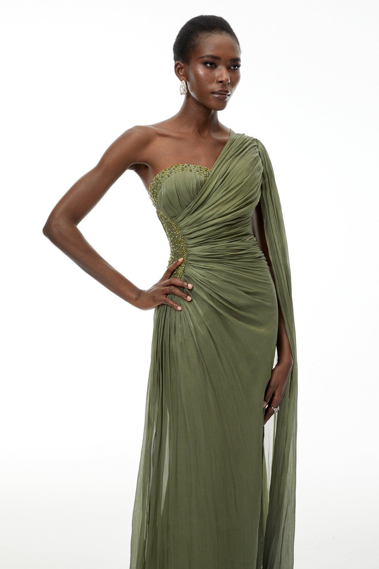 Aurohaya Katrin Green One Shoulder Ruched Maxi Dress
