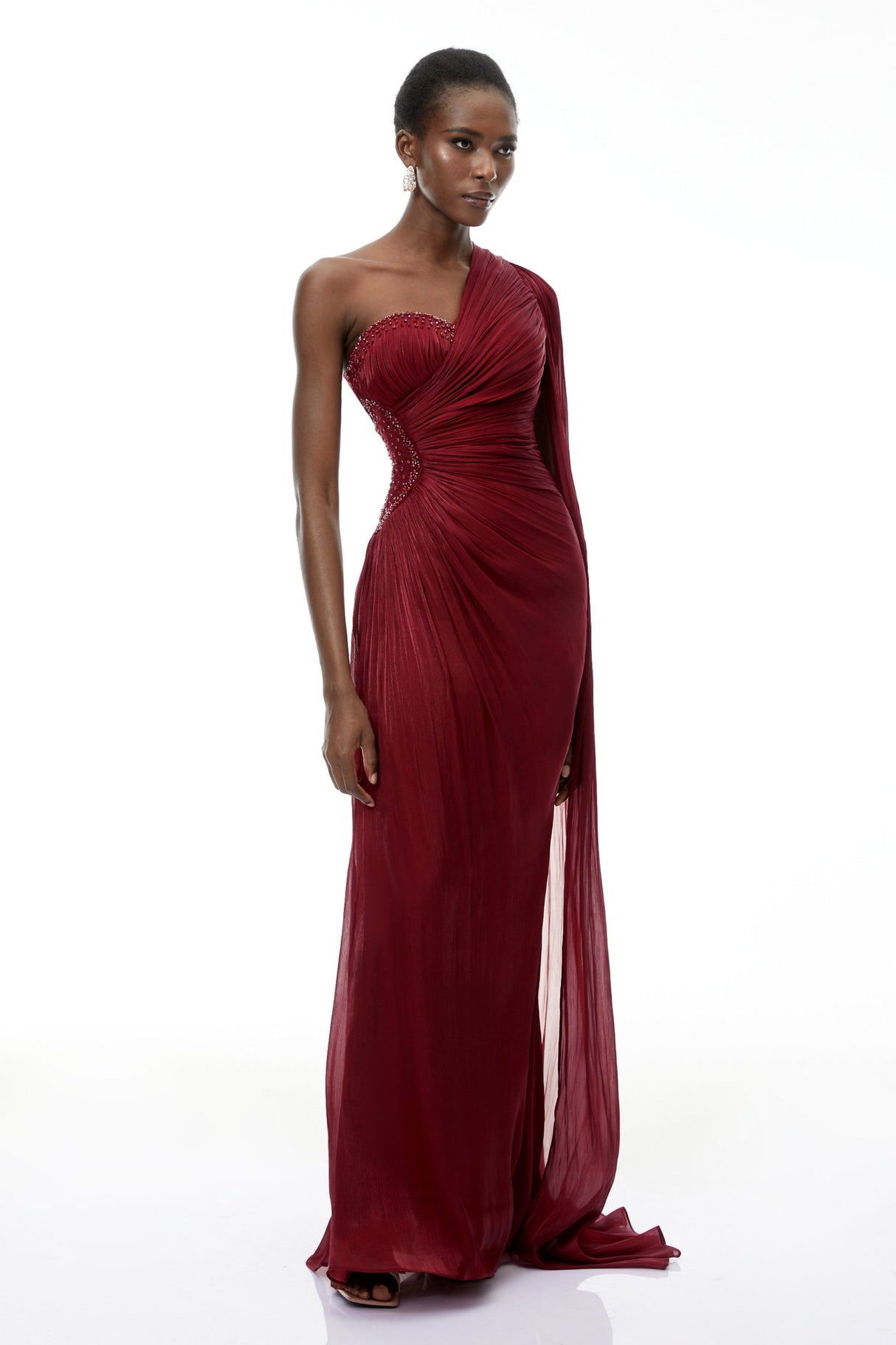 Aurohaya Katrin Red One Shoulder Ruched Maxi Dress