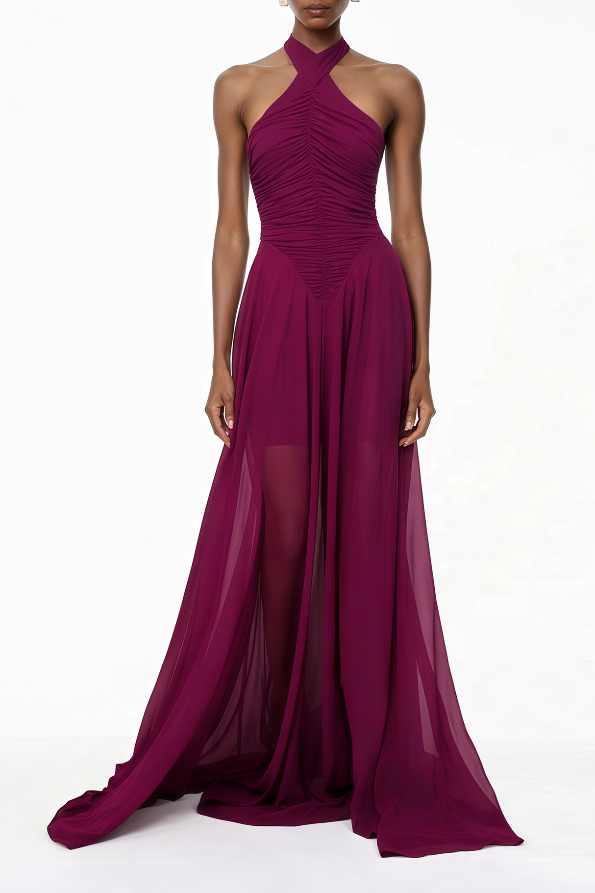 Aurohaya Kerstin Purple Train Design Ruched Maxi Dress