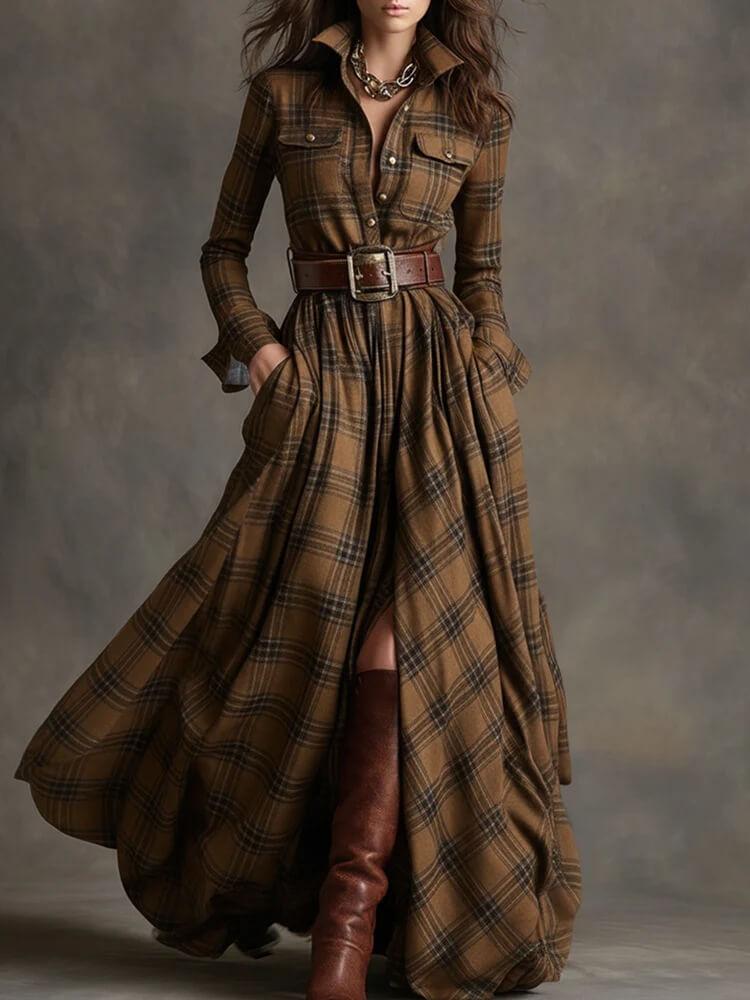 Aurohaya Retro Lapel Plaid Single-Breasted Maxi Dress Khaki