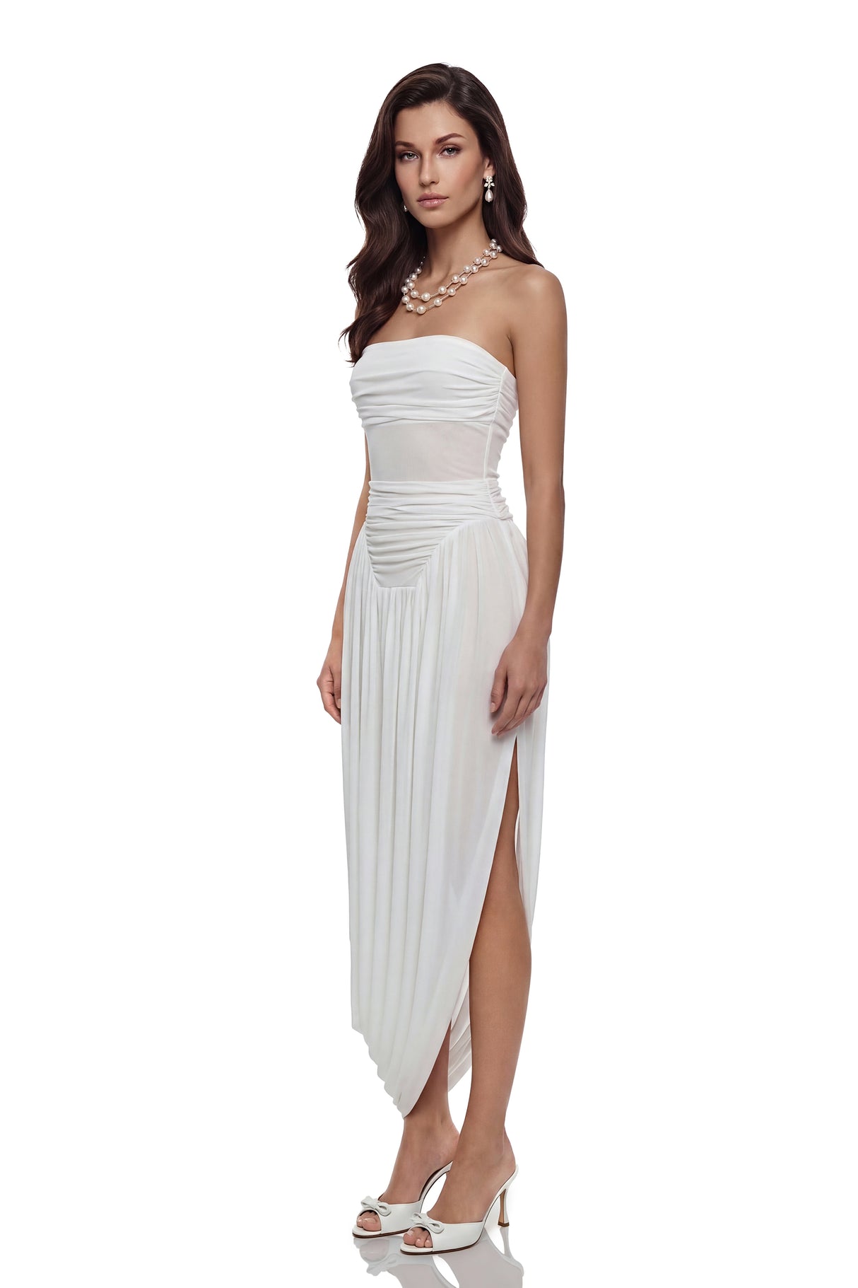Aurohaya Kiia White Off Shoulder Ruched Midi Dress