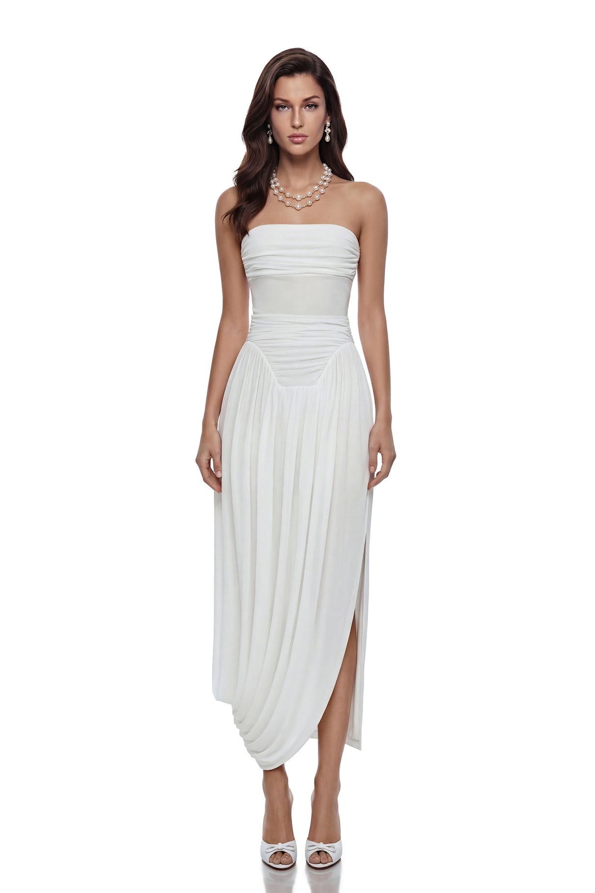 Aurohaya Kiia White Off Shoulder Ruched Midi Dress