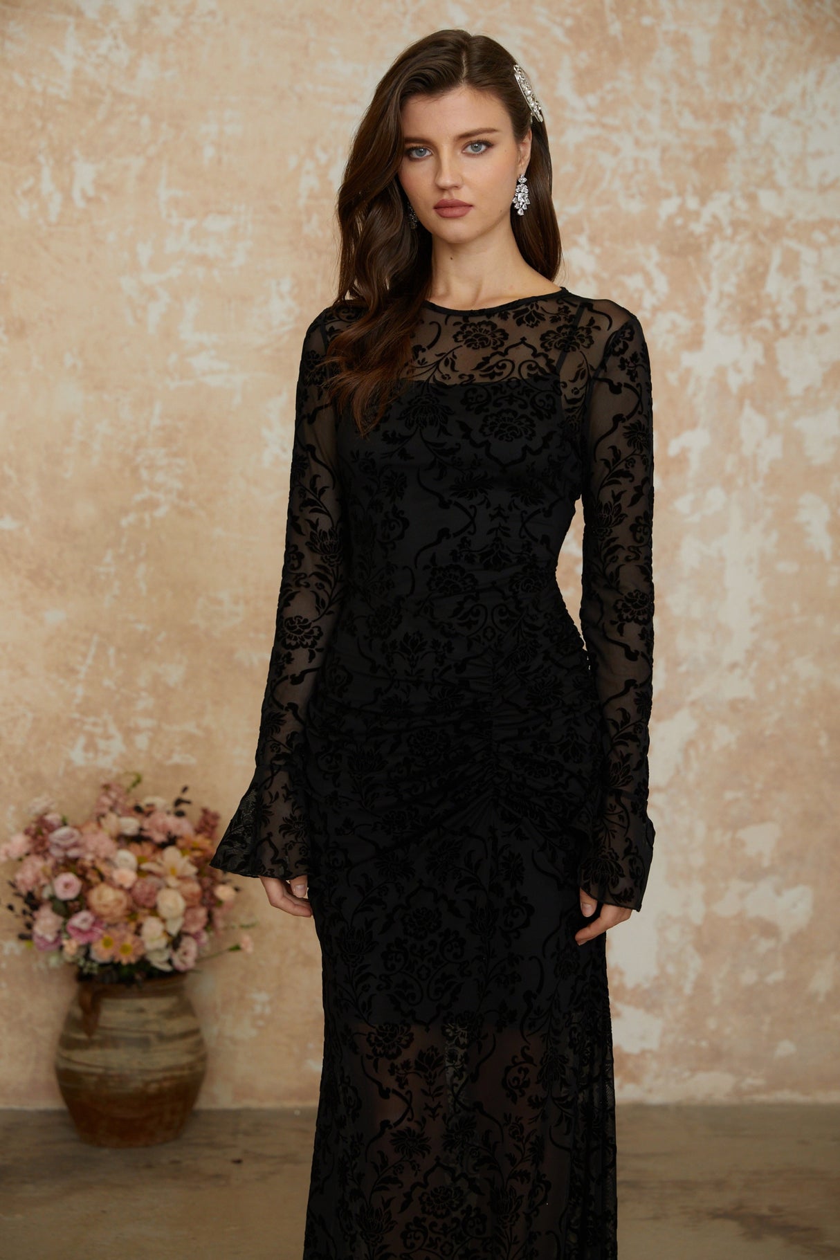 Aurohaya Kismet Black Flocked Floral Ruched Maxi Dress