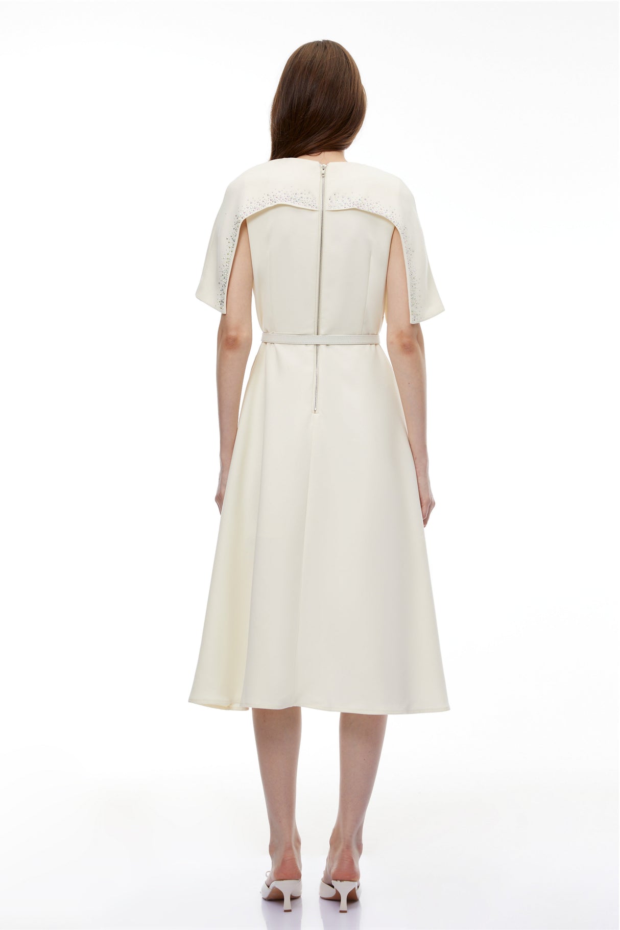 Aurohaya Kore Champagne Cape Midi Dress with Belt