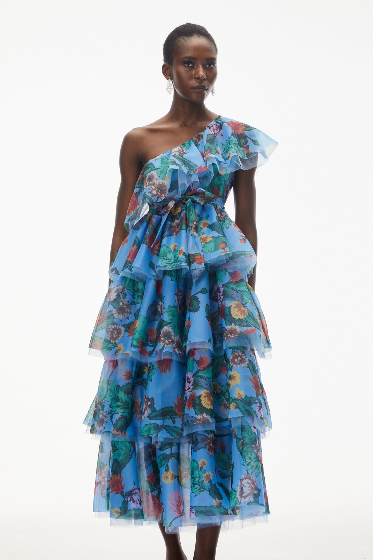 Aurohaya Kulthum Blue One Shoulder Floral Print Maxi Dress