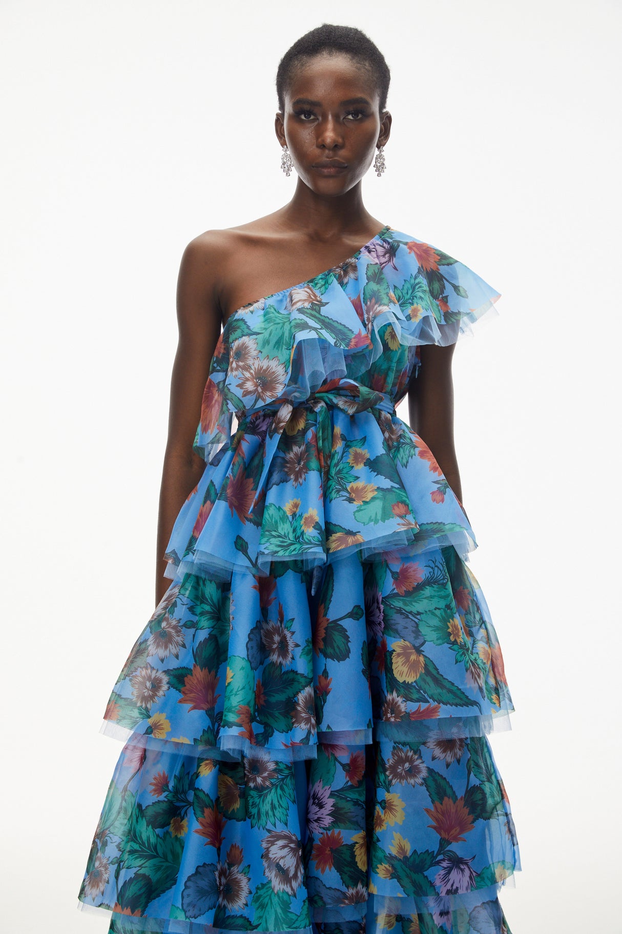 Aurohaya Kulthum Blue One Shoulder Floral Print Maxi Dress