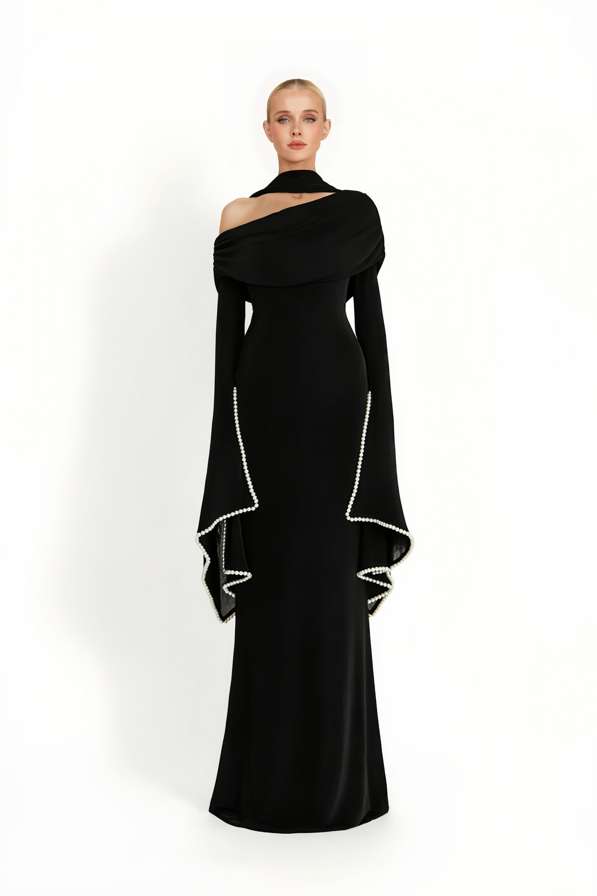 Aurohaya Simona Black One Shoulder Pearl Trim Maxi Gown