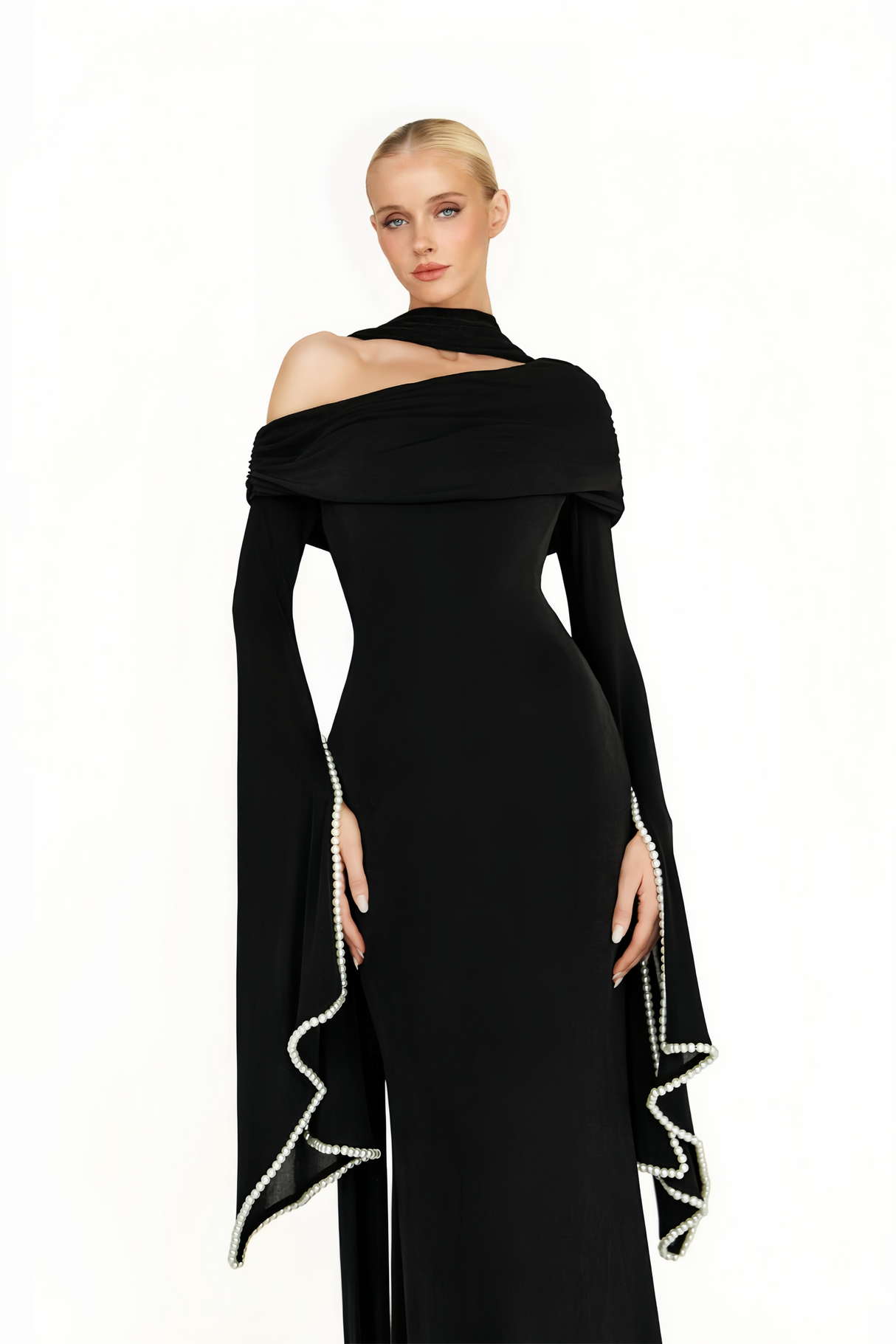 Aurohaya Simona Black One Shoulder Pearl Trim Maxi Gown