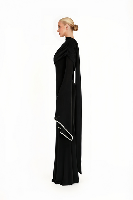 Aurohaya Simona Black One Shoulder Pearl Trim Maxi Gown
