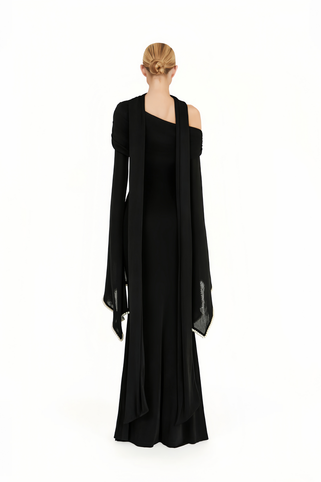 Aurohaya Simona Black One Shoulder Pearl Trim Maxi Gown