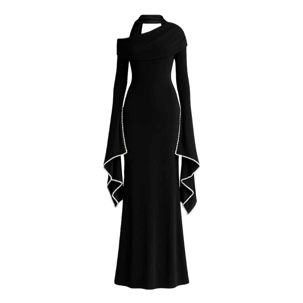 Aurohaya Simona Black One Shoulder Pearl Trim Maxi Gown