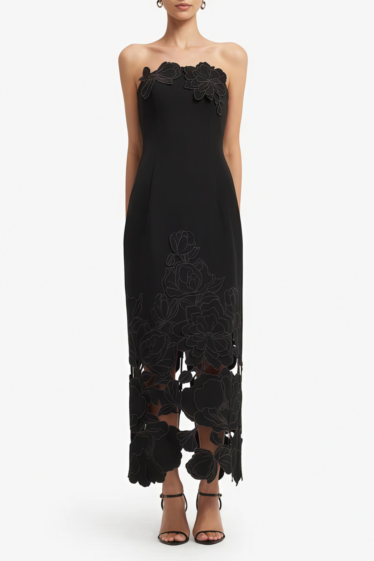 Aurohaya Inga Black Strapless Floral Embroidered Maxi Dress