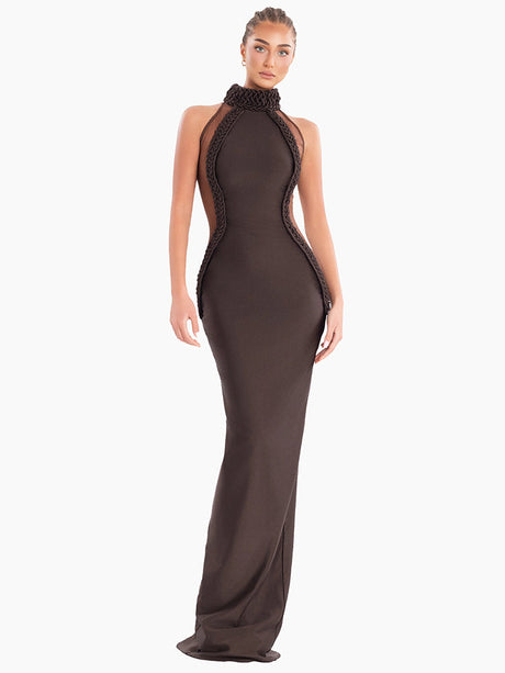 Aurohaya Églantine High Neck Halter Maxi Dress Brown