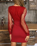 Glitter Sheer Mesh Spliced Overlap V-Neck Mesh Lantern Sleeve Mini Party Dress Ruched Zipper Back Slim Fit Evening Dress