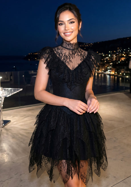 Lace Ruffle A Line Dress Black
