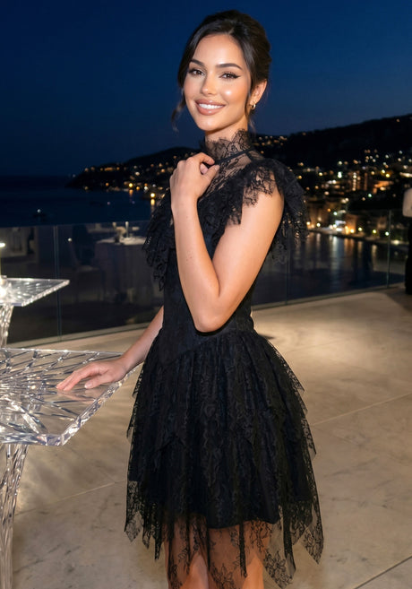 Lace Ruffle A Line Dress Black