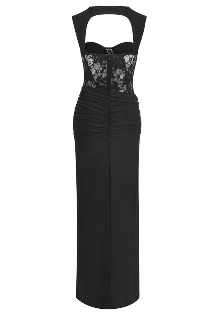 Lace Insert Bustier Draped Maxi Dress Black