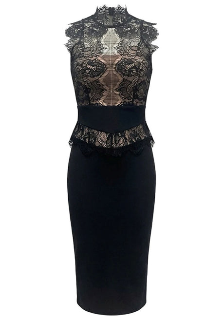 Lace Insert Midi Dress Black