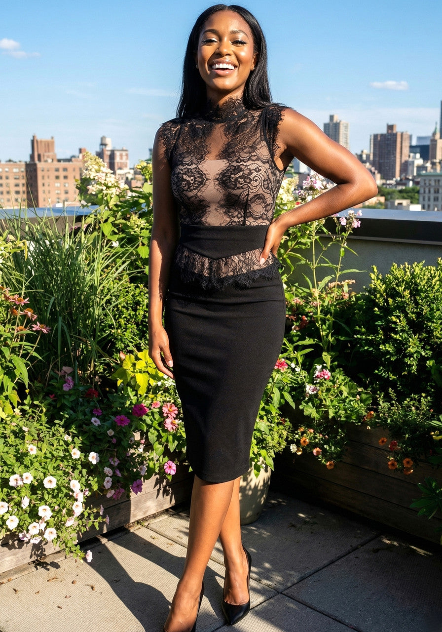 Lace Detail Midi Dress Black