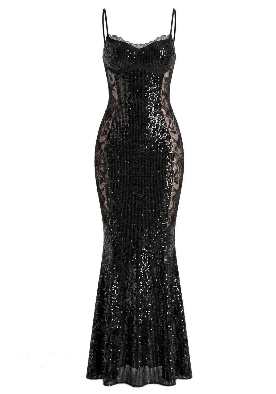 Lace Insert Sparkly Maxi Dress Black