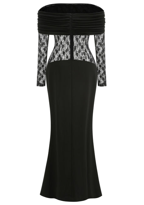 Lace Long Sleeve Draped Bardot Maxi Dress Black