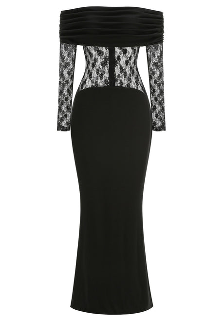 Lace Long Sleeve Draped Bardot Maxi Dress Black