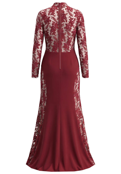 Long Sleeve Floral Lace Maxi Dress Burgundy