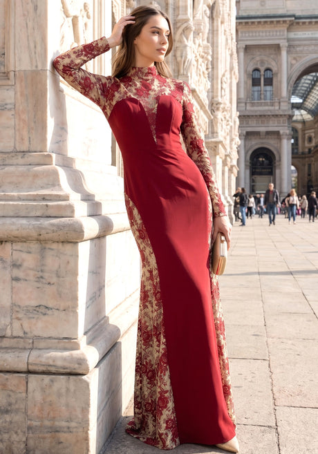 Long Sleeve Floral Lace Maxi Dress Burgundy