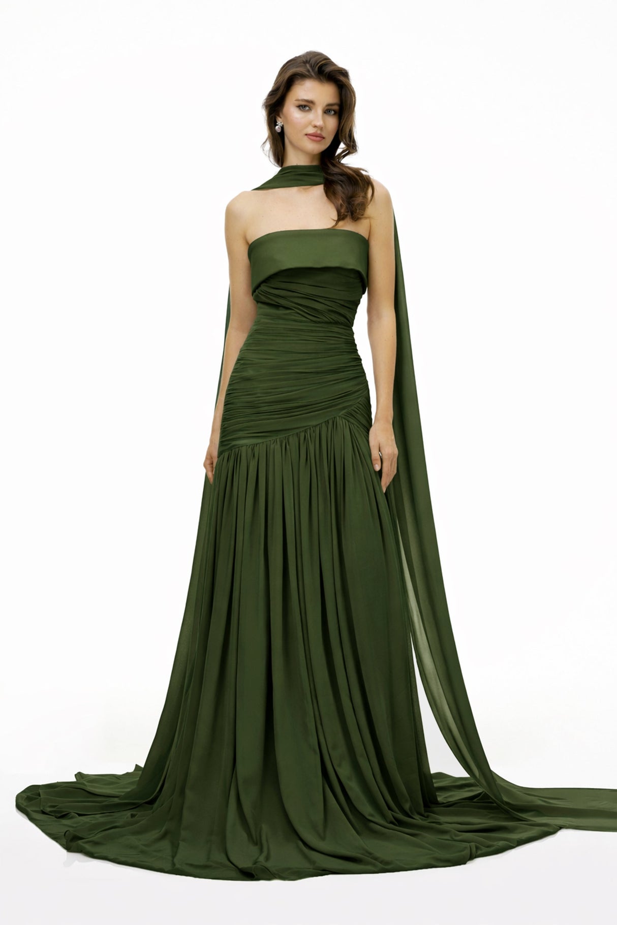 Aurohaya Laetitia Green Pleated Train Ruched Maxi Dress