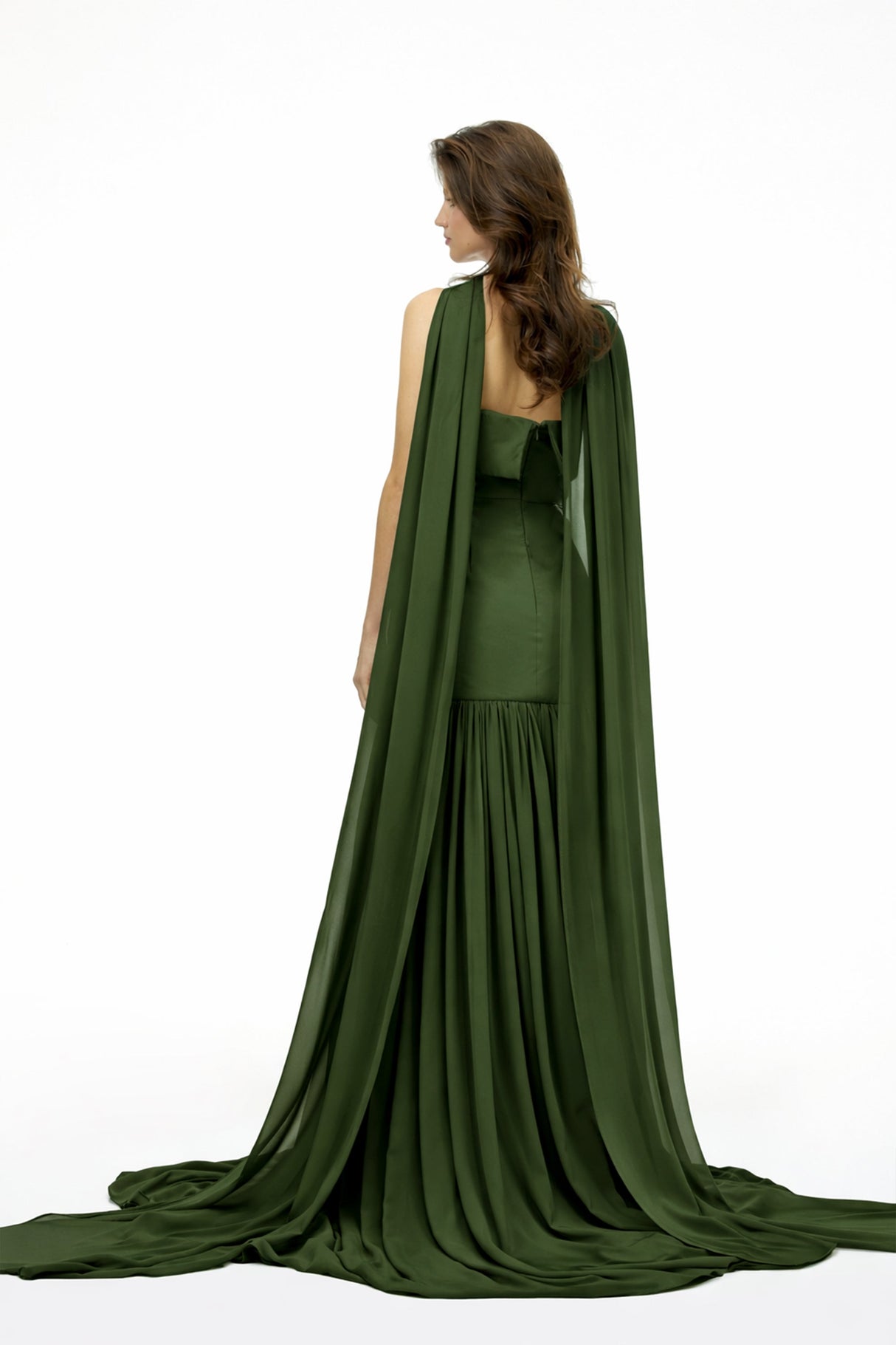 Aurohaya Laetitia Green Pleated Train Ruched Maxi Dress