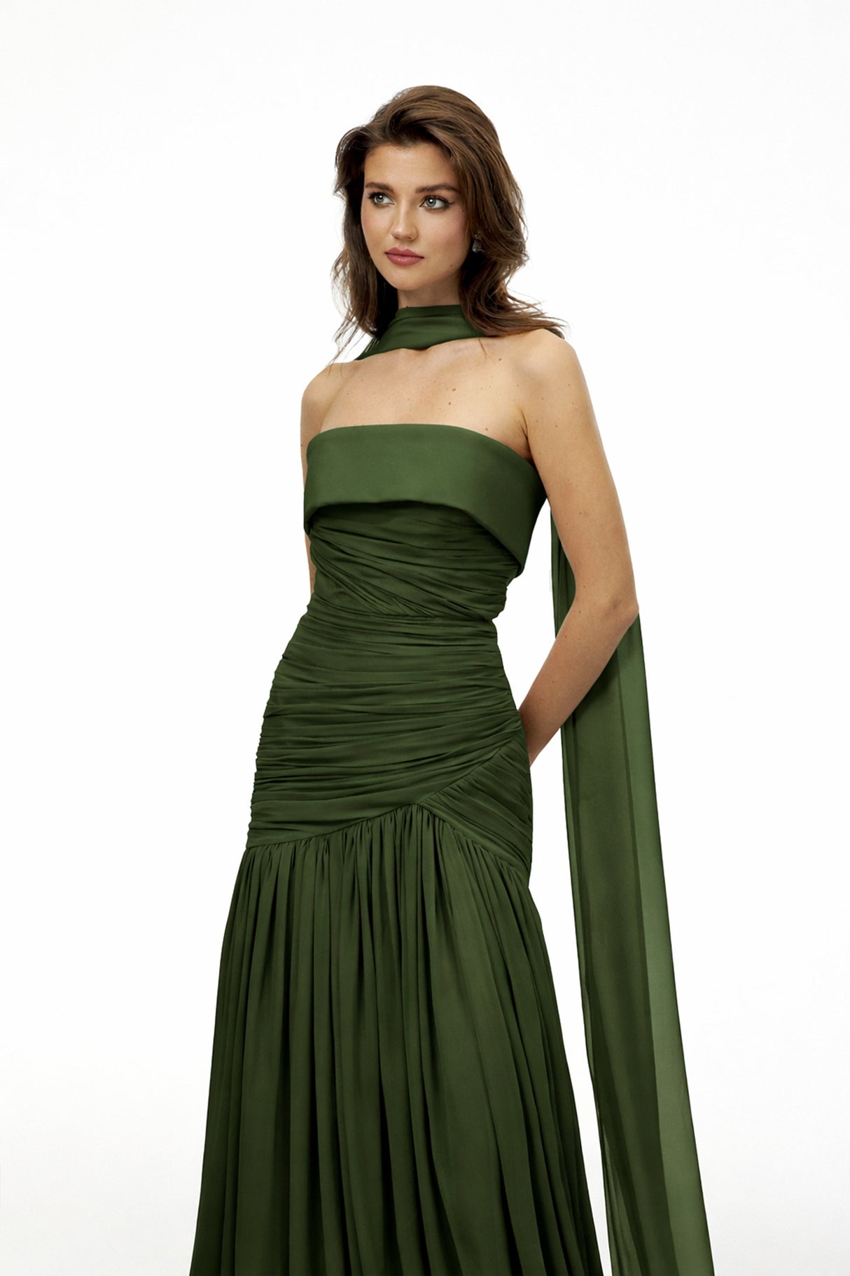 Aurohaya Laetitia Green Pleated Train Ruched Maxi Dress
