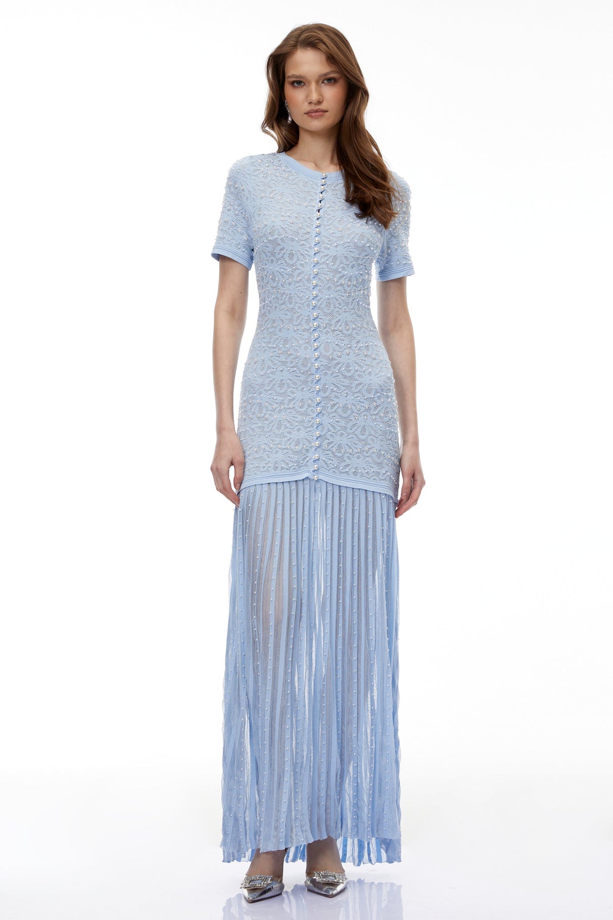 Aurohaya Laleh Blue Embellished Pleated Maxi Dress