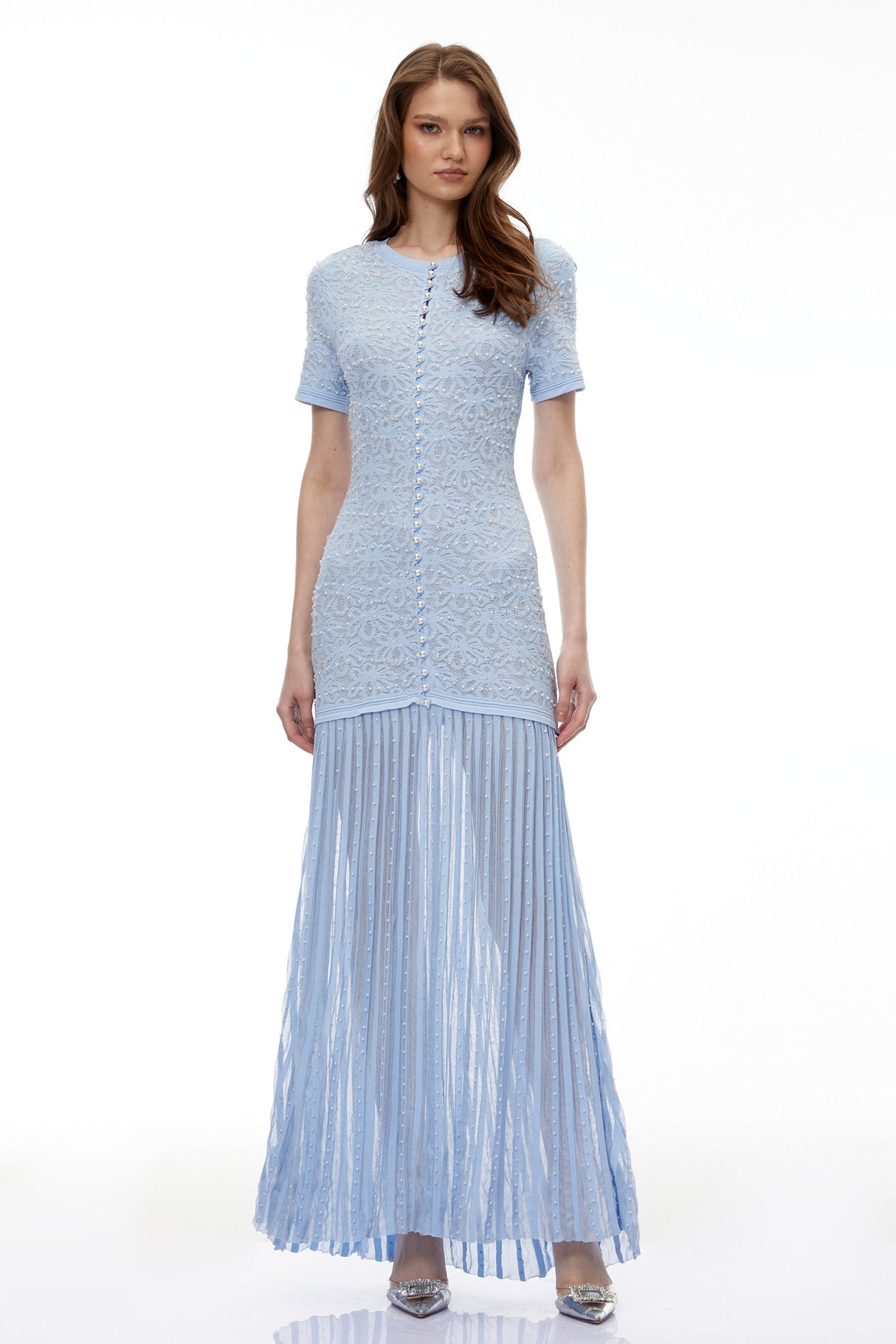 Aurohaya Laleh Blue Embellished Pleated Maxi Dress
