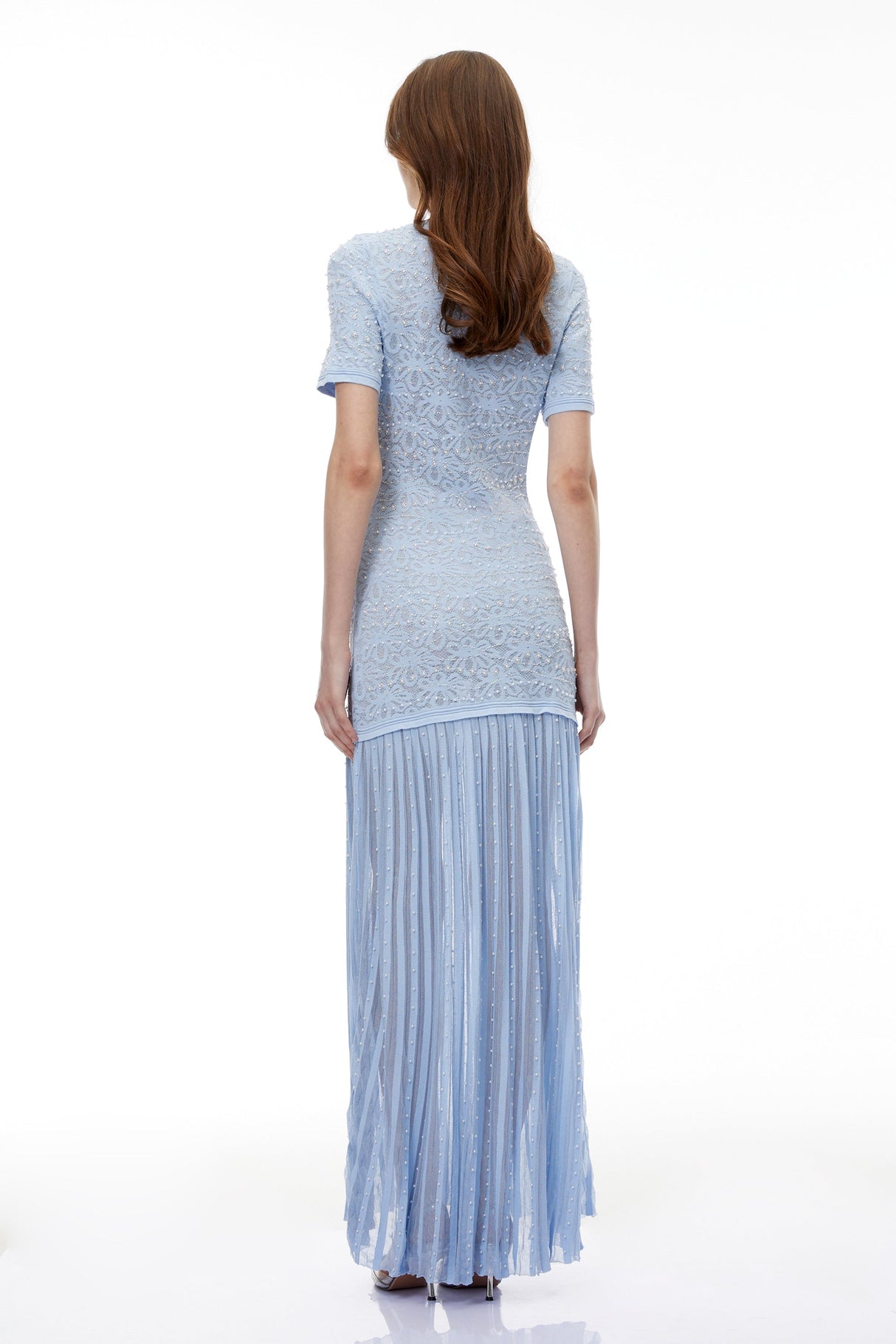 Aurohaya Laleh Blue Embellished Pleated Maxi Dress
