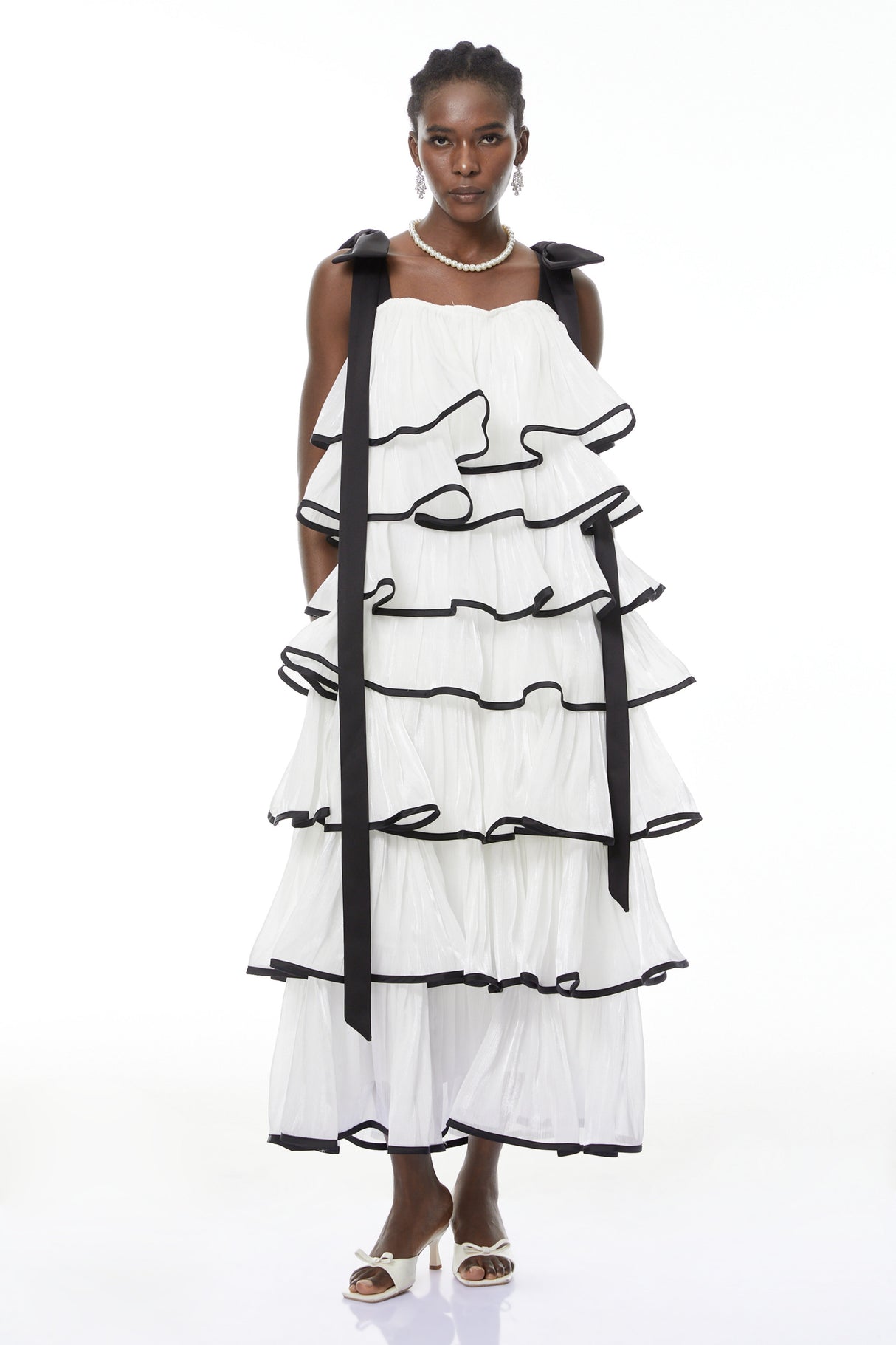 Aurohaya Larissa White Ruffled Maxi Dress with Bows