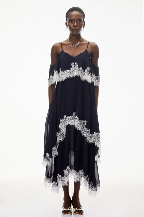 Aurohaya Larysa Navy Tiered Maxi Dress with Lace Trim