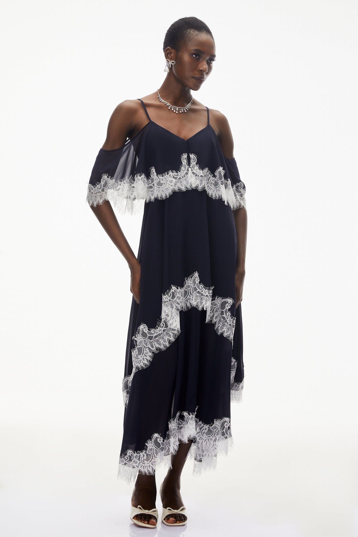 Aurohaya Larysa Navy Tiered Maxi Dress with Lace Trim