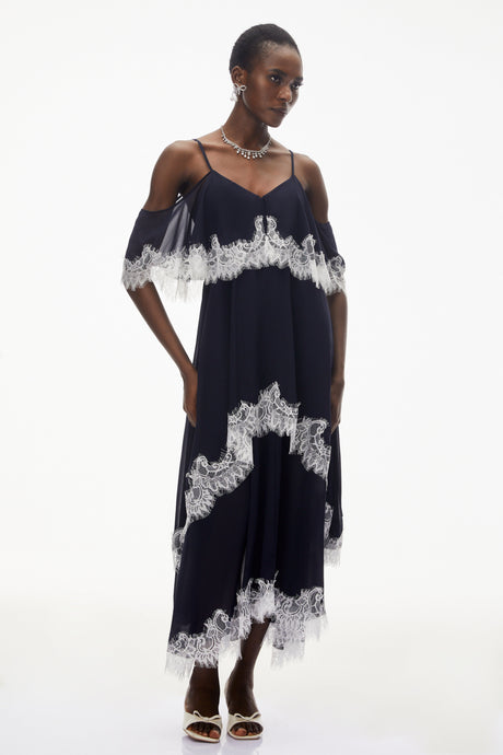 Aurohaya Larysa Navy Tiered Maxi Dress with Lace Trim