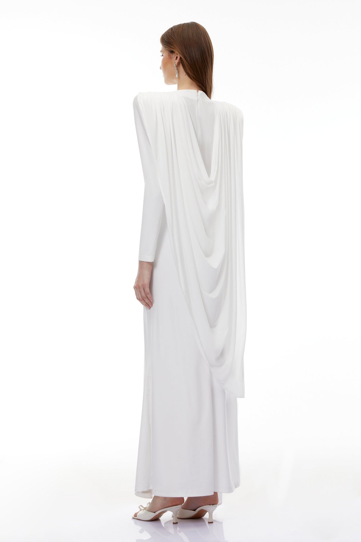 Aurohaya Lavinia White Asymmetrical Cape Maxi Dress