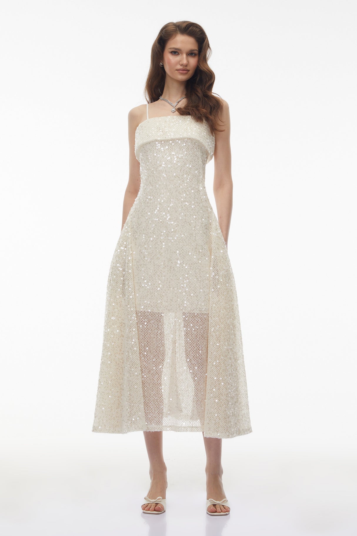 Aurohaya Leah Cream White Weave Design Sequin Midi Dress