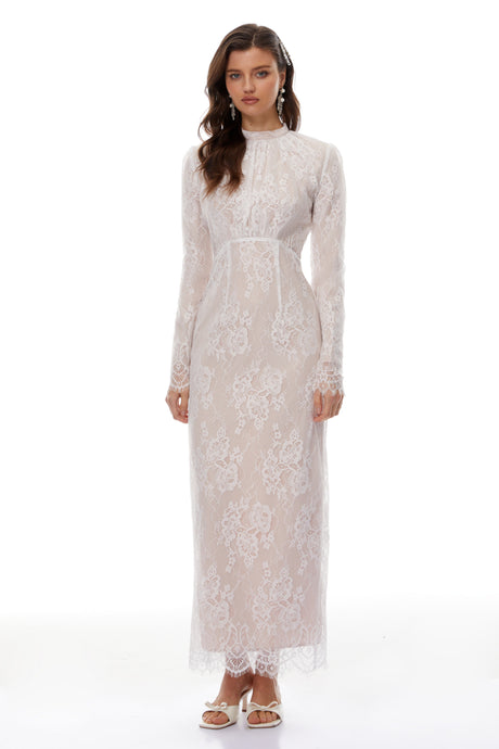 Aurohaya Leif White Mock Neck Lace Overlay Maxi Dress