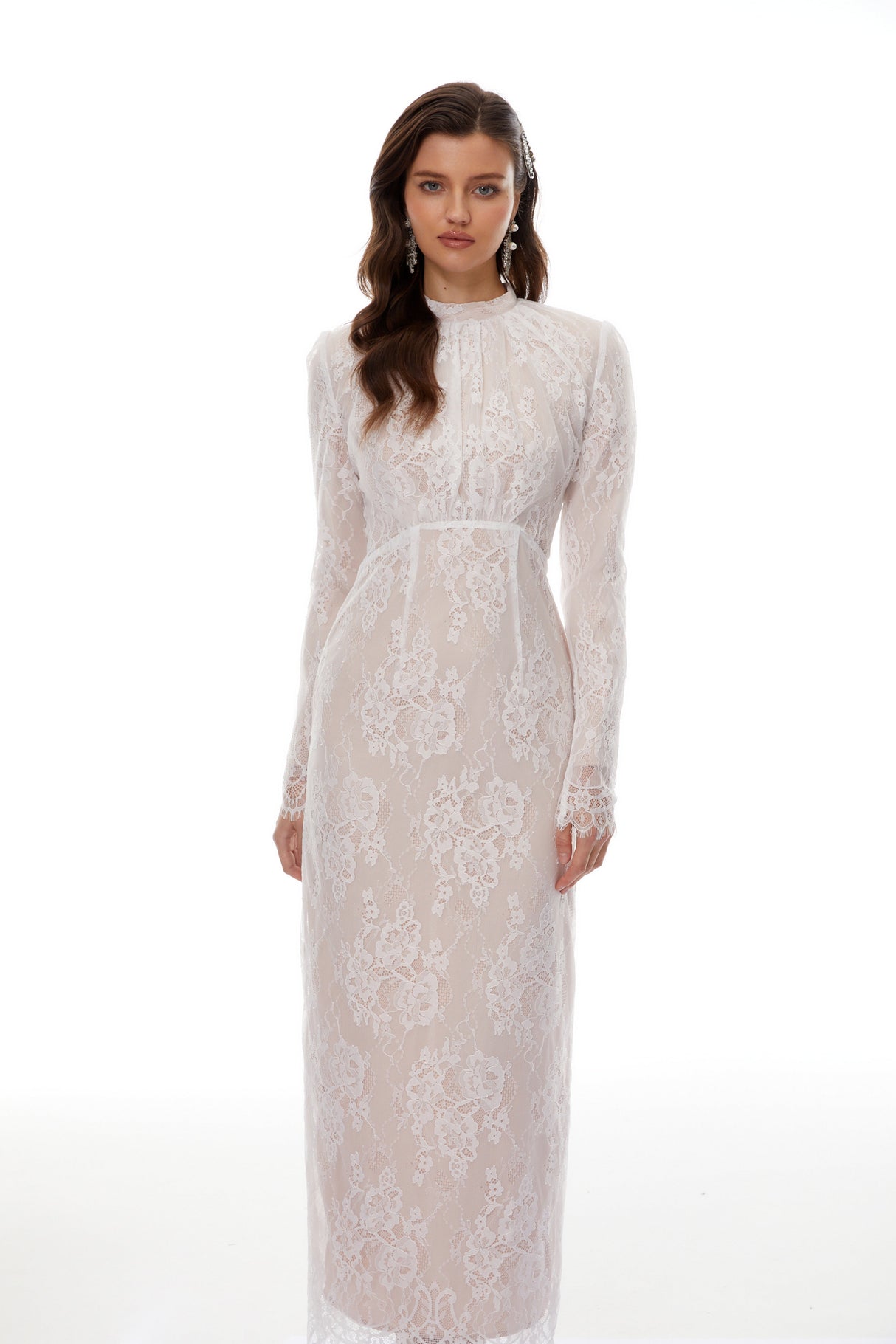 Aurohaya Leif White Mock Neck Lace Overlay Maxi Dress