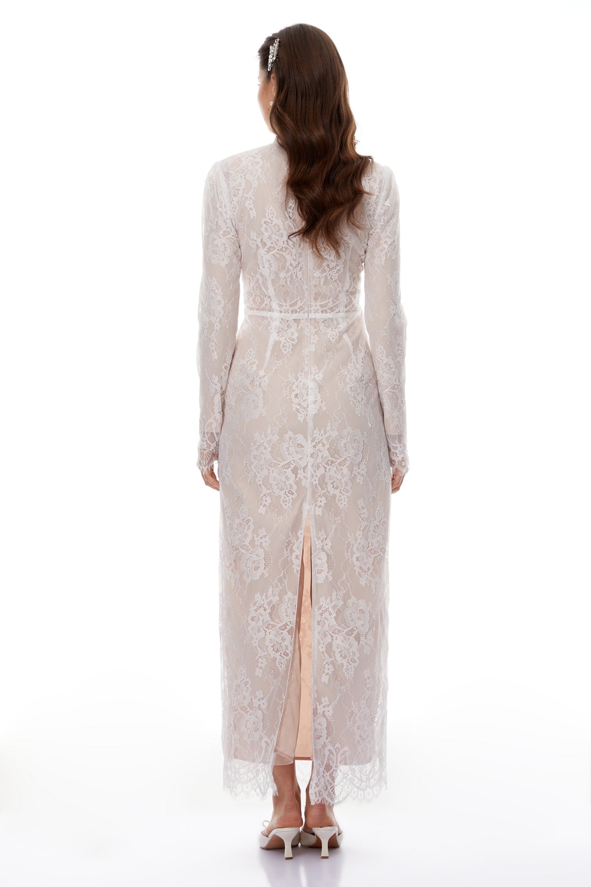 Aurohaya Leif White Mock Neck Lace Overlay Maxi Dress