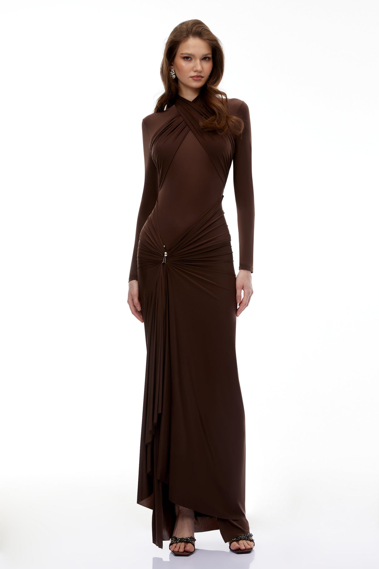 Aurohaya Lena Chocolate Brown Cross Front Maxi Dress